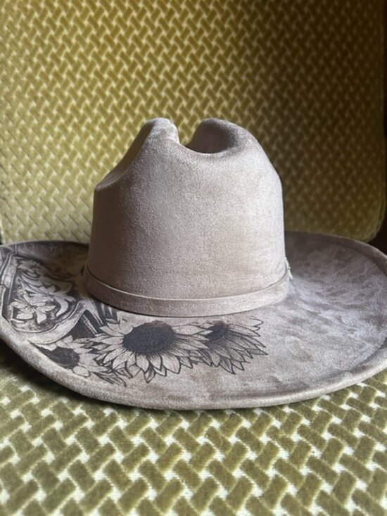 Custom Laser Burned Wide Brim Cowboy Boot Sunflower Western Inspired Hat NEW main image 8